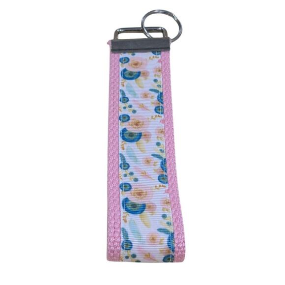 Floral Keychain Pink Teal Wristlet Handmade Fabric Key FOB Flower Bohemian Boho - Picture 2 of 6